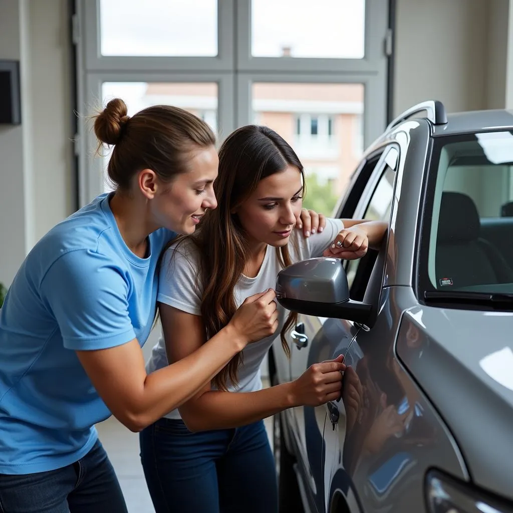 Couple inspecting a used car