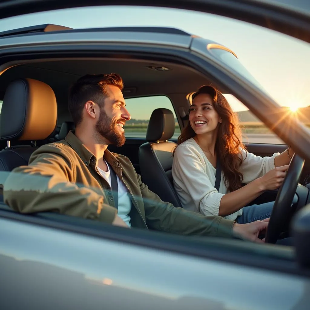 Couple test driving a car