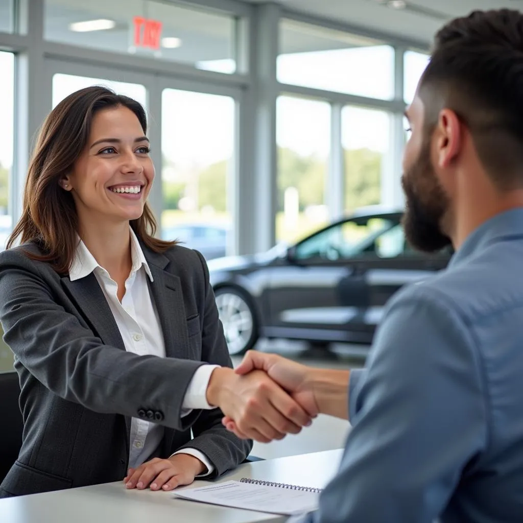 Customer shaking hands with a salesperson at a dealership