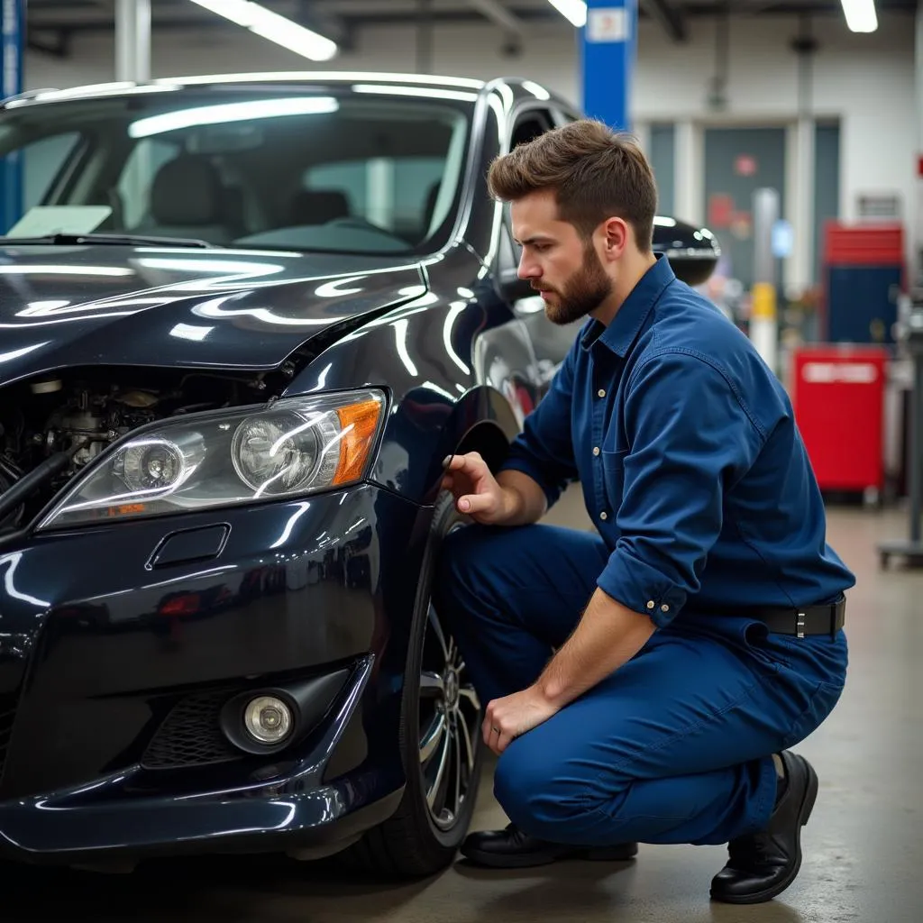 Mechanic Assessing Damage on a Car