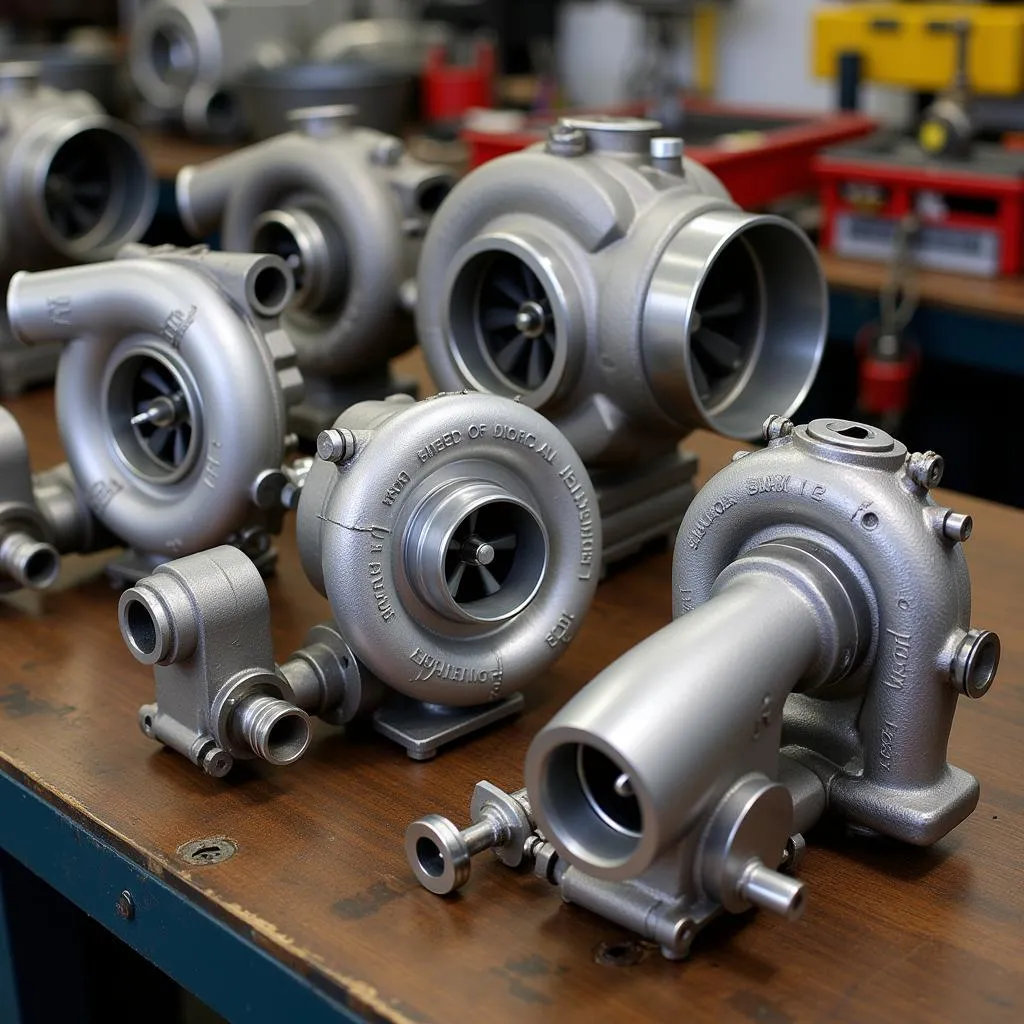 Various turbochargers of different sizes.