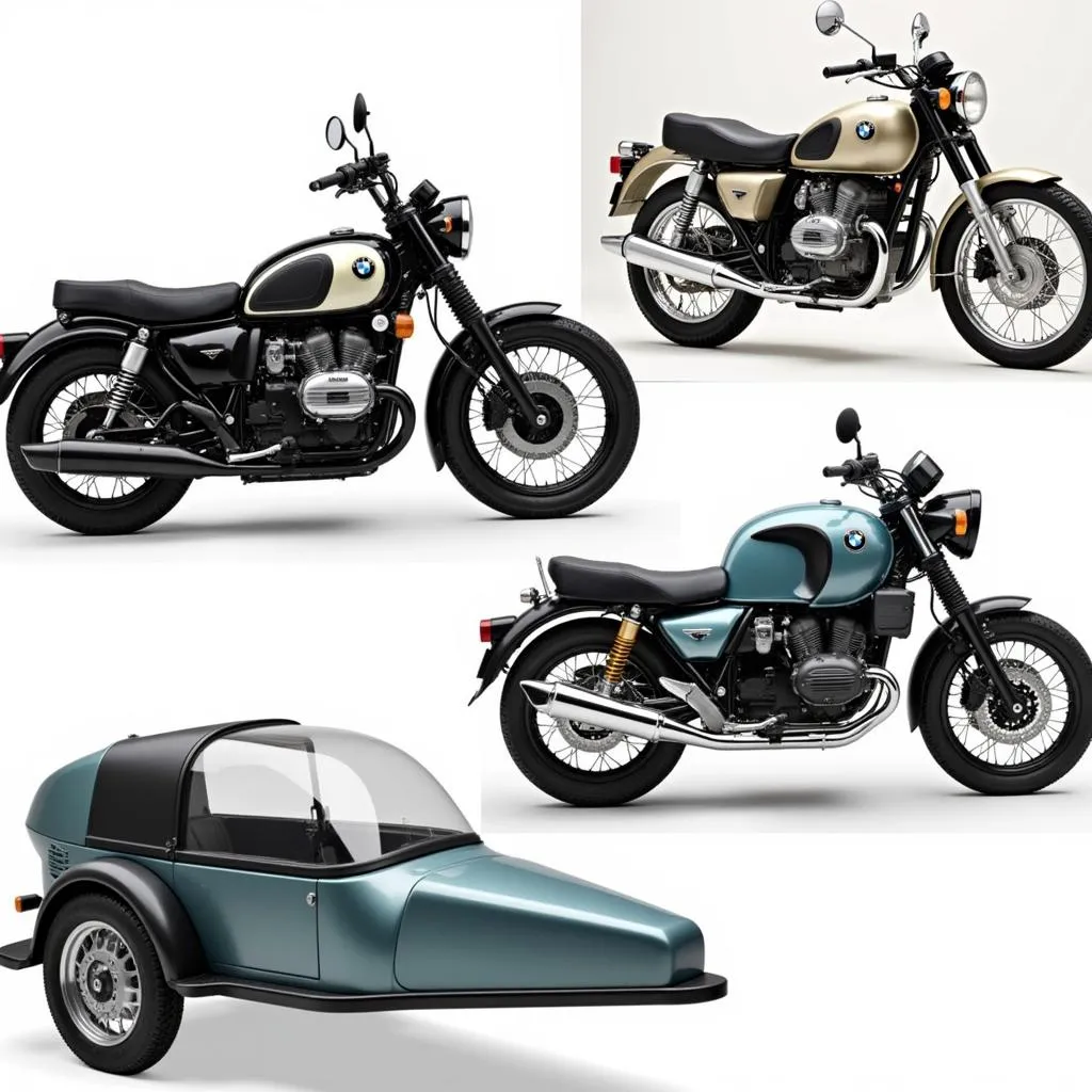 Various models of BMW motorcycles with sidecars