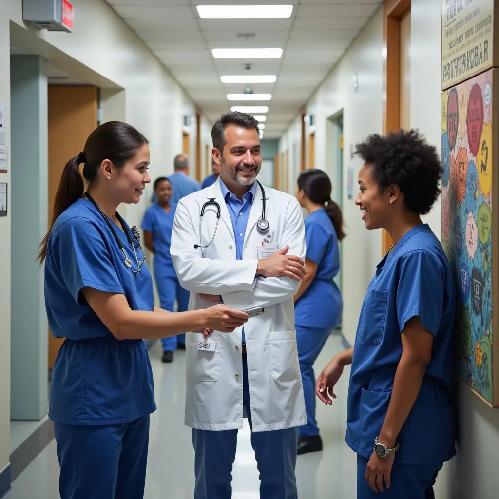 Diverse medical team collaborating in a Presbyterian hospital