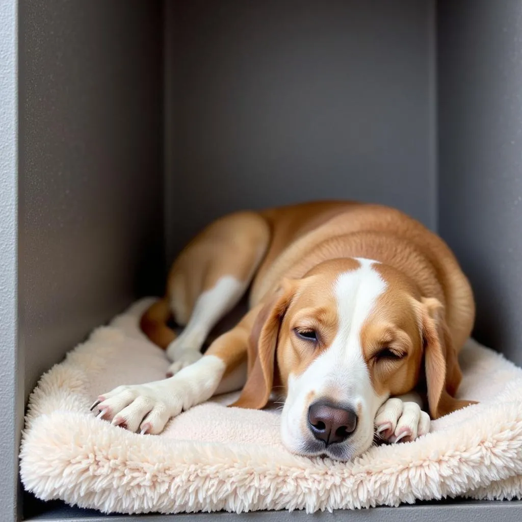 Dog relaxing in a quiet area at daycare