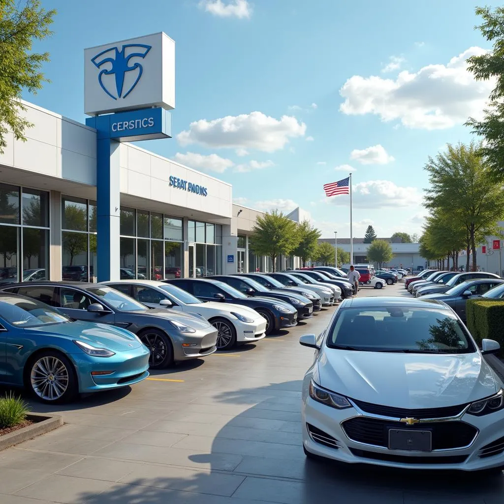 Electric car dealership with various models on display