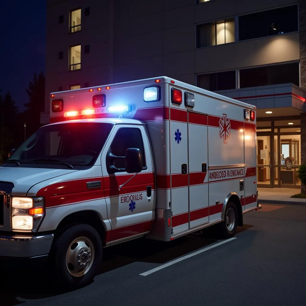 An ambulance with flashing lights parked outside a hospital in Conneaut