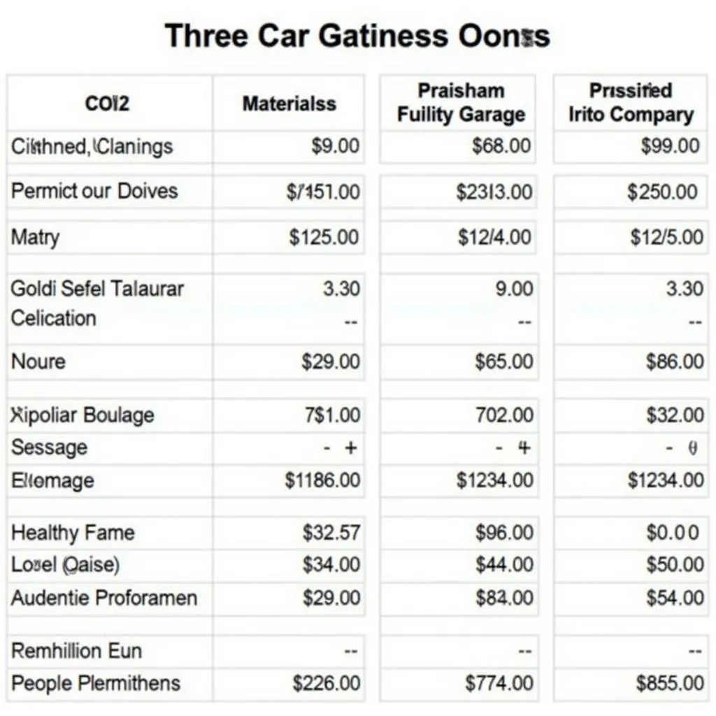 Spreadsheet with cost breakdown for building a three-car garage, including materials and labor.