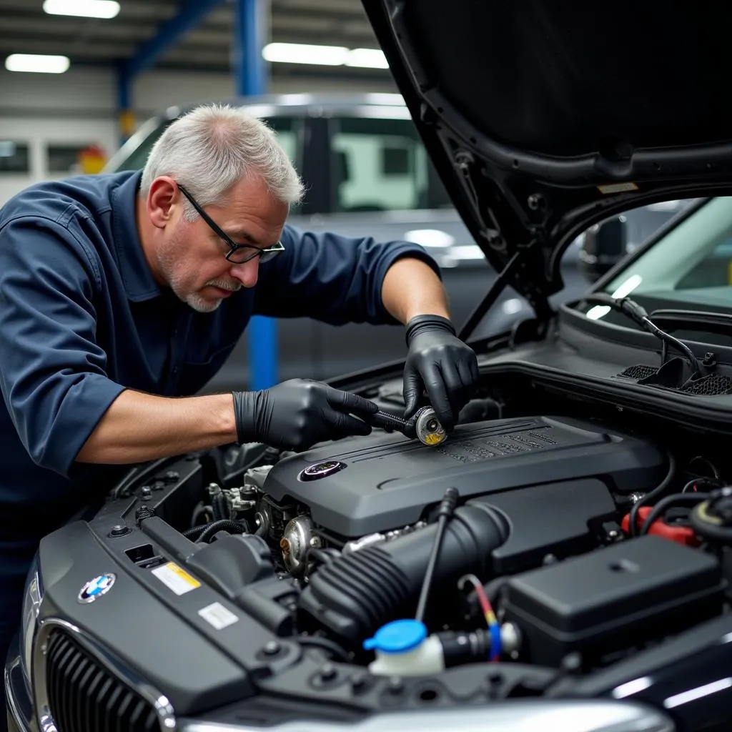 Mechanic Inspecting European Car Engine