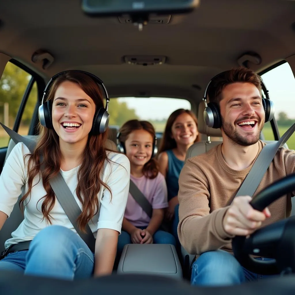 Family enjoying a road trip in a car, with each member using headphones