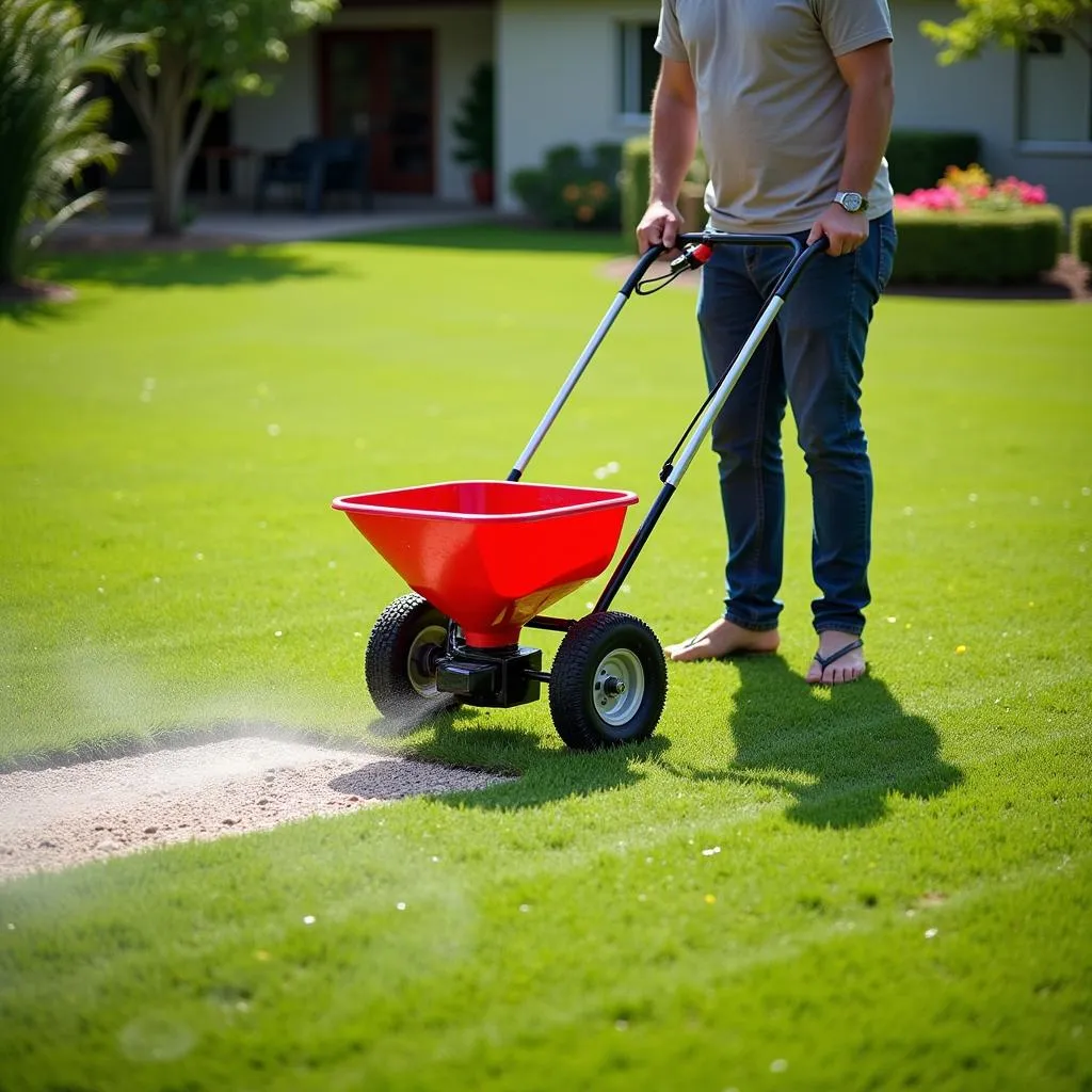 A person fertilizing a lush green lawn in Gulf Shores