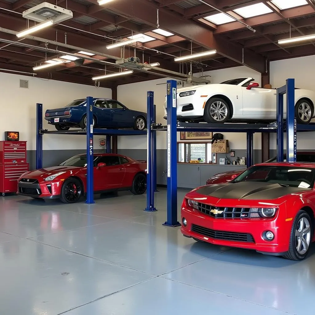 Garage Interior with Car Lifts and Tool Storage