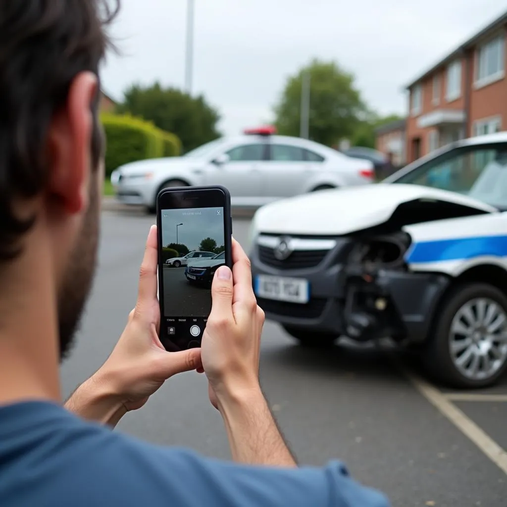 Person taking pictures of a damaged car after accident