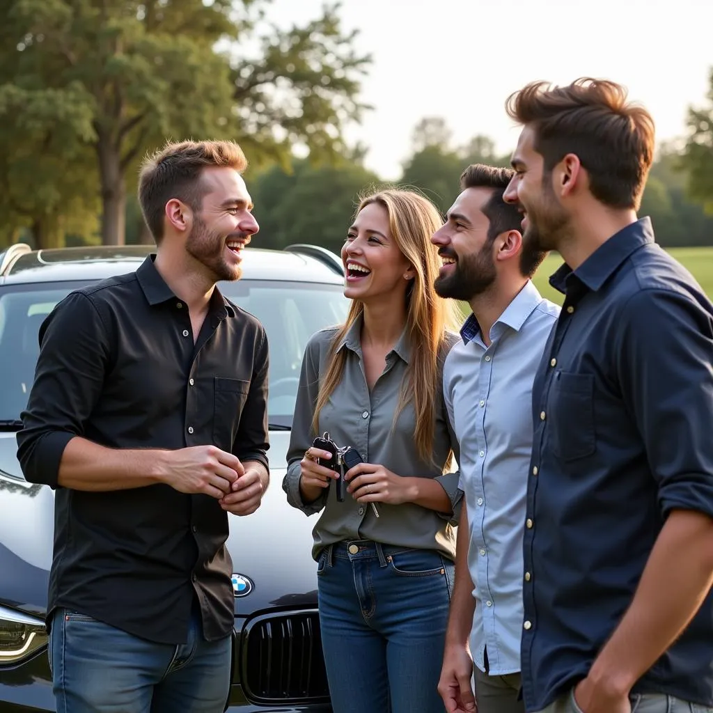 Group of Friends Laughing Near BMW