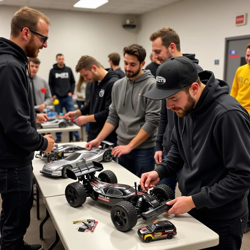 Group of RC Car enthusiasts preparing for a race