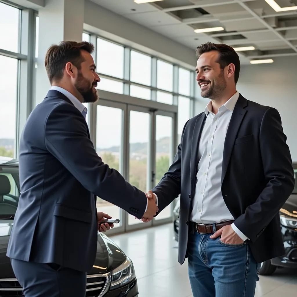 Happy car buyer shaking hands with dealer