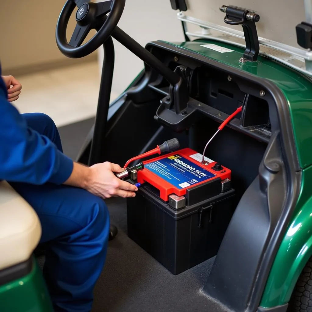 Mechanic inspecting a used golf cart battery