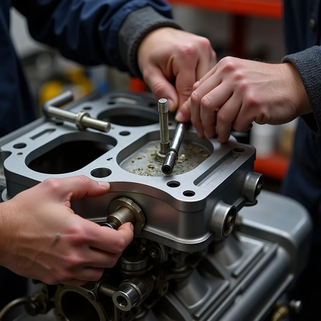 Mechanic installing sprint car valve cover