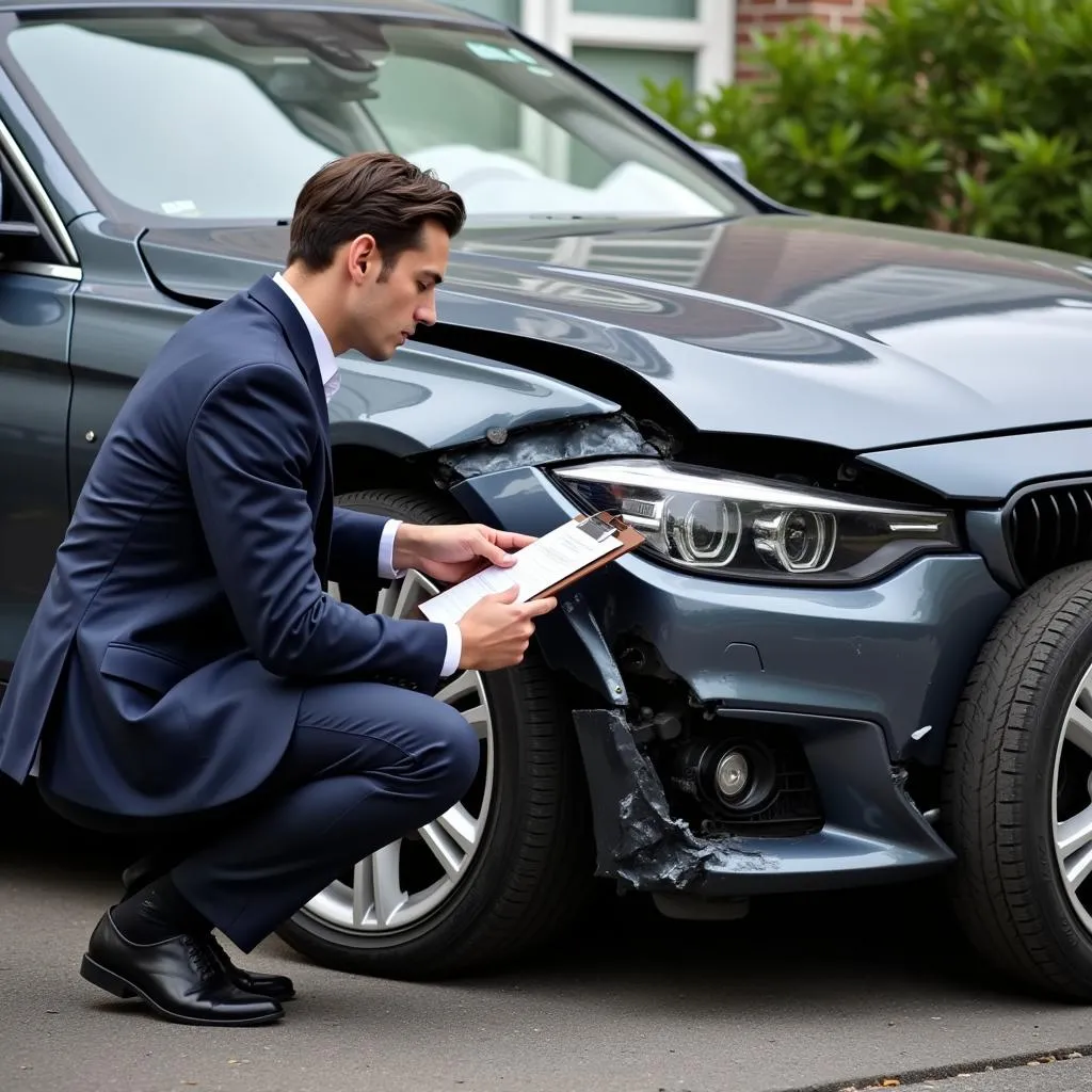 Insurance adjuster inspecting car damage