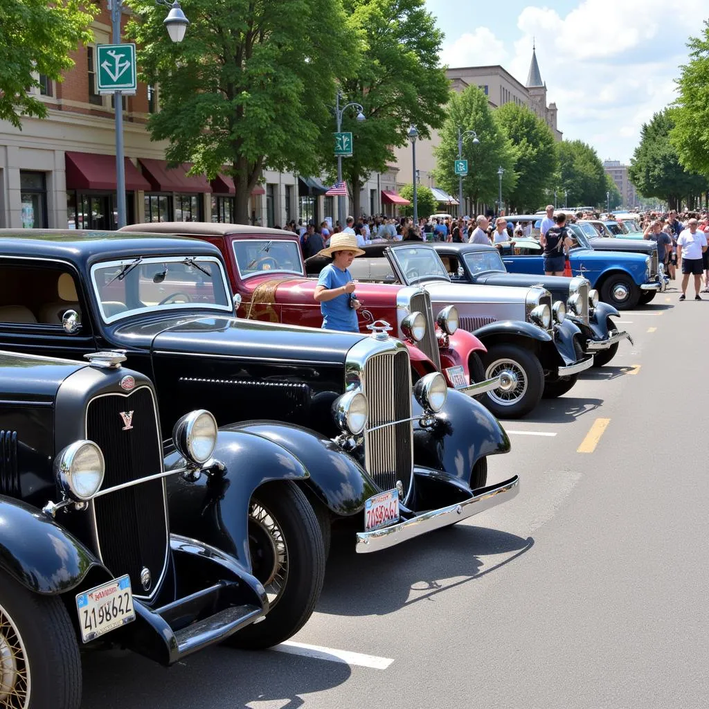 A line-up of classic cars participating in the annual Lancaster Old Car Club rally