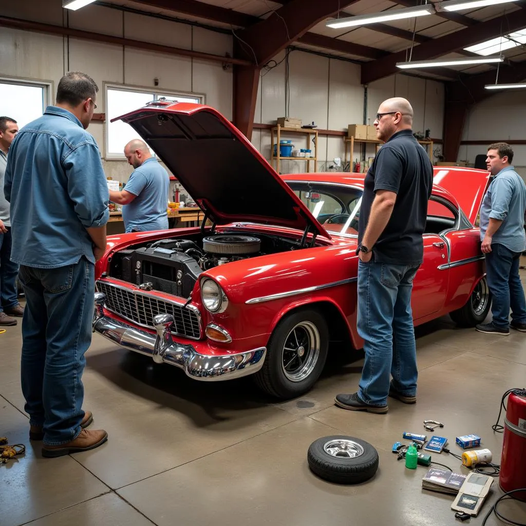 Members collaborating on restoring a vintage car in a workshop