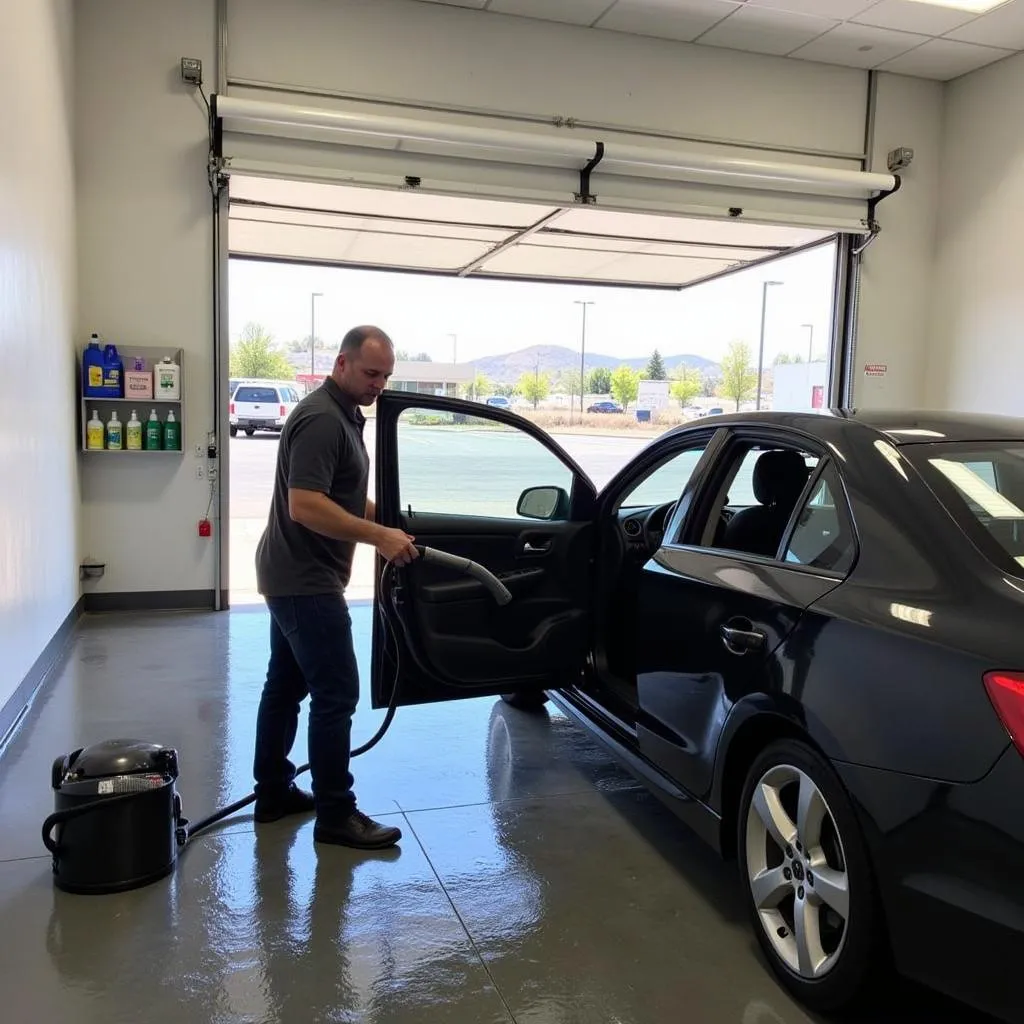 Man vacuuming his car interior at a self-service car wash bay