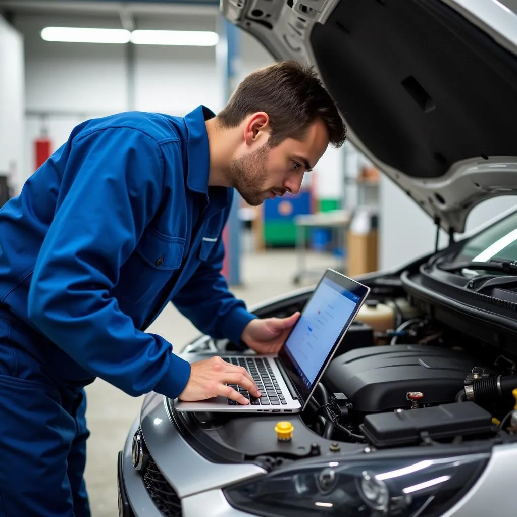 Mechanic using a laptop for car diagnostics