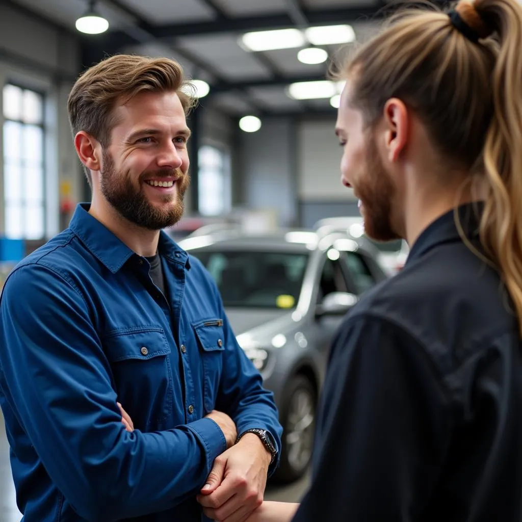 Mechanic Explaining Car Repair to Customer