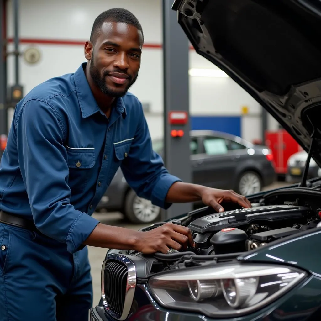  Mechanic inspecting a BMW engine