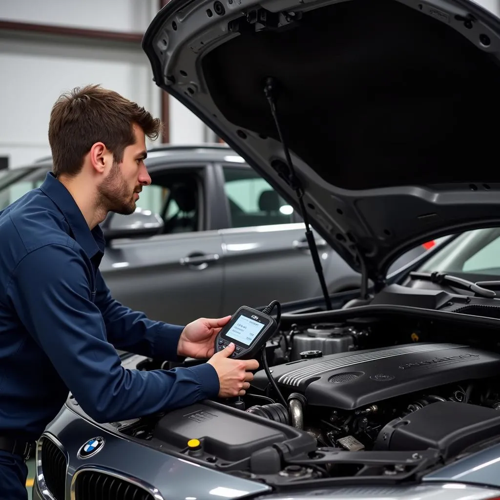 Mechanic inspecting engine bay of a BMW