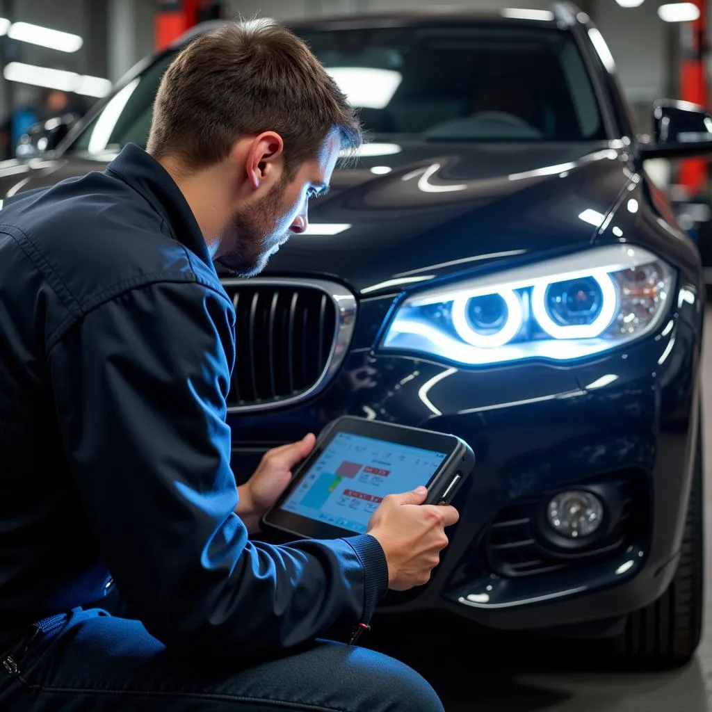 Mechanic using a diagnostic tool on a BMW to troubleshoot headlight issues