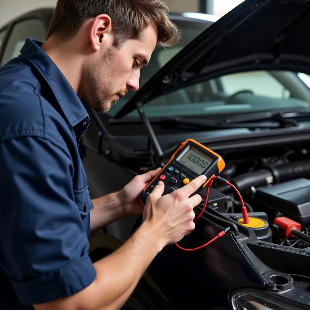 Mechanic inspecting car electrical system