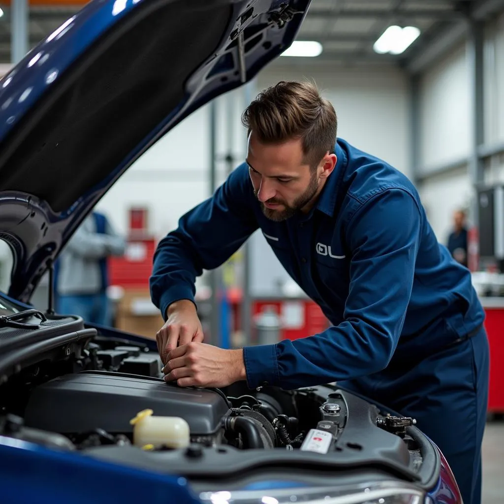 Mechanic inspecting car engine in workshop