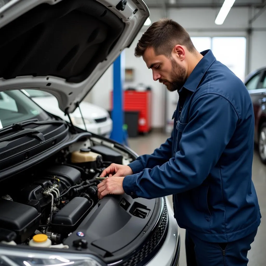 Mechanic inspecting a car in Fresno.