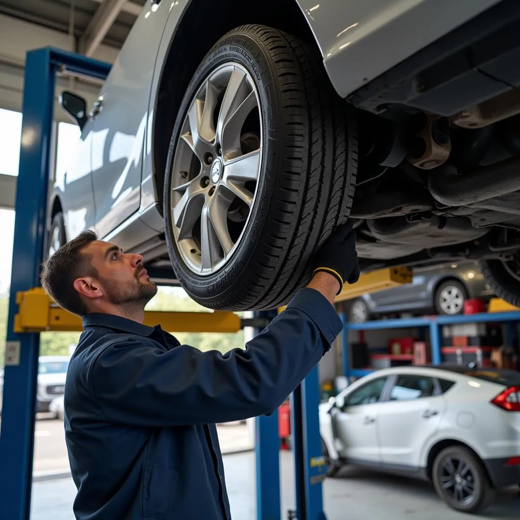 Mechanic Inspecting Car Undercarriage