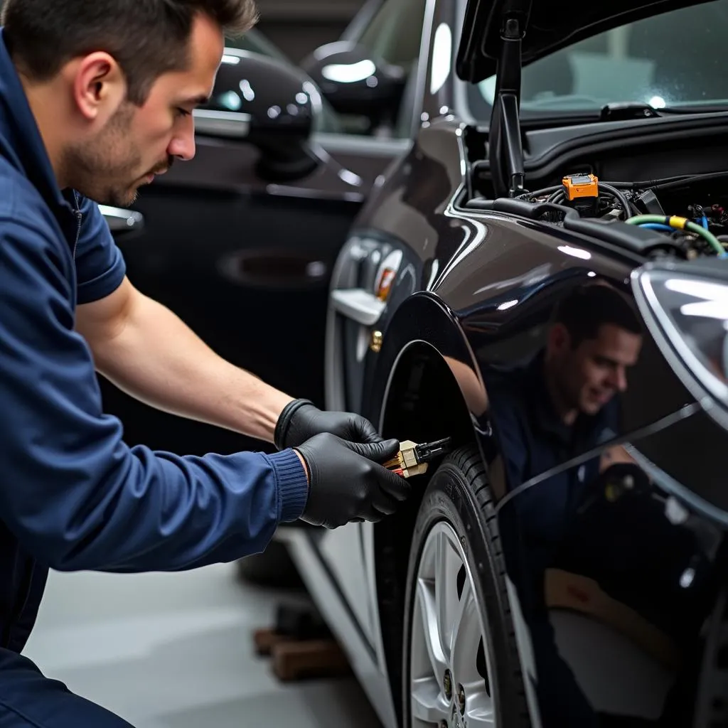 Mechanic diagnosing car electrical issues