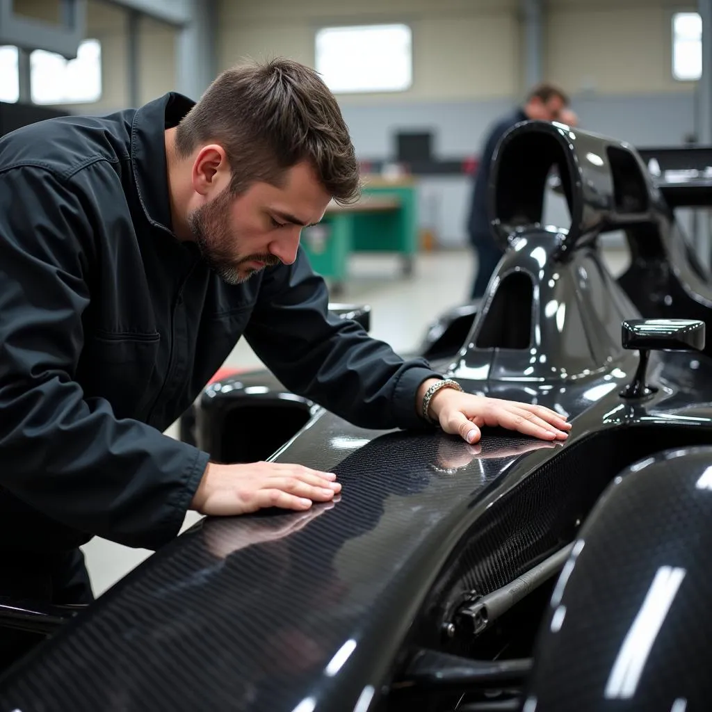 Mechanic inspecting carbon fiber body