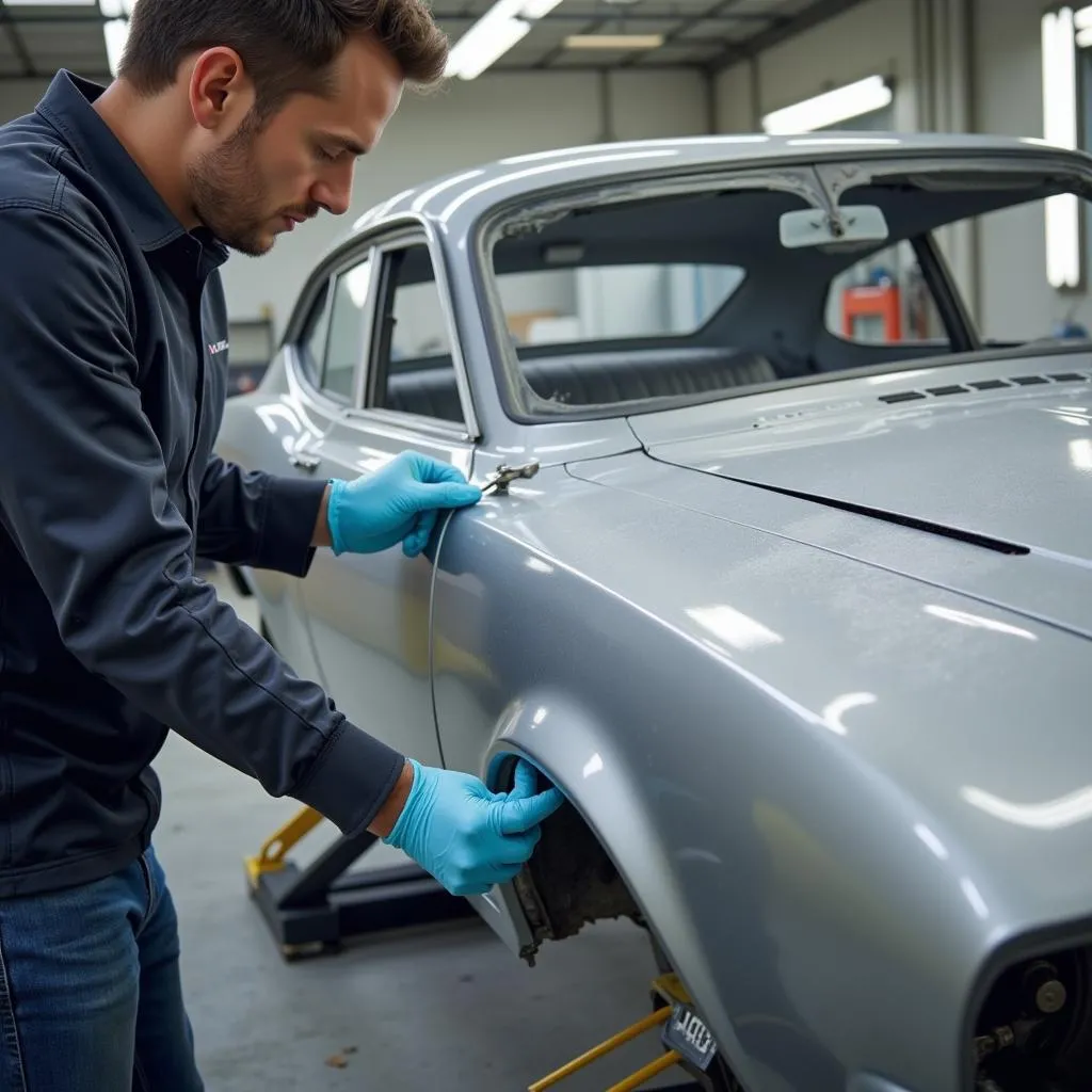 Mechanic inspecting a fibreglass car body for imperfections