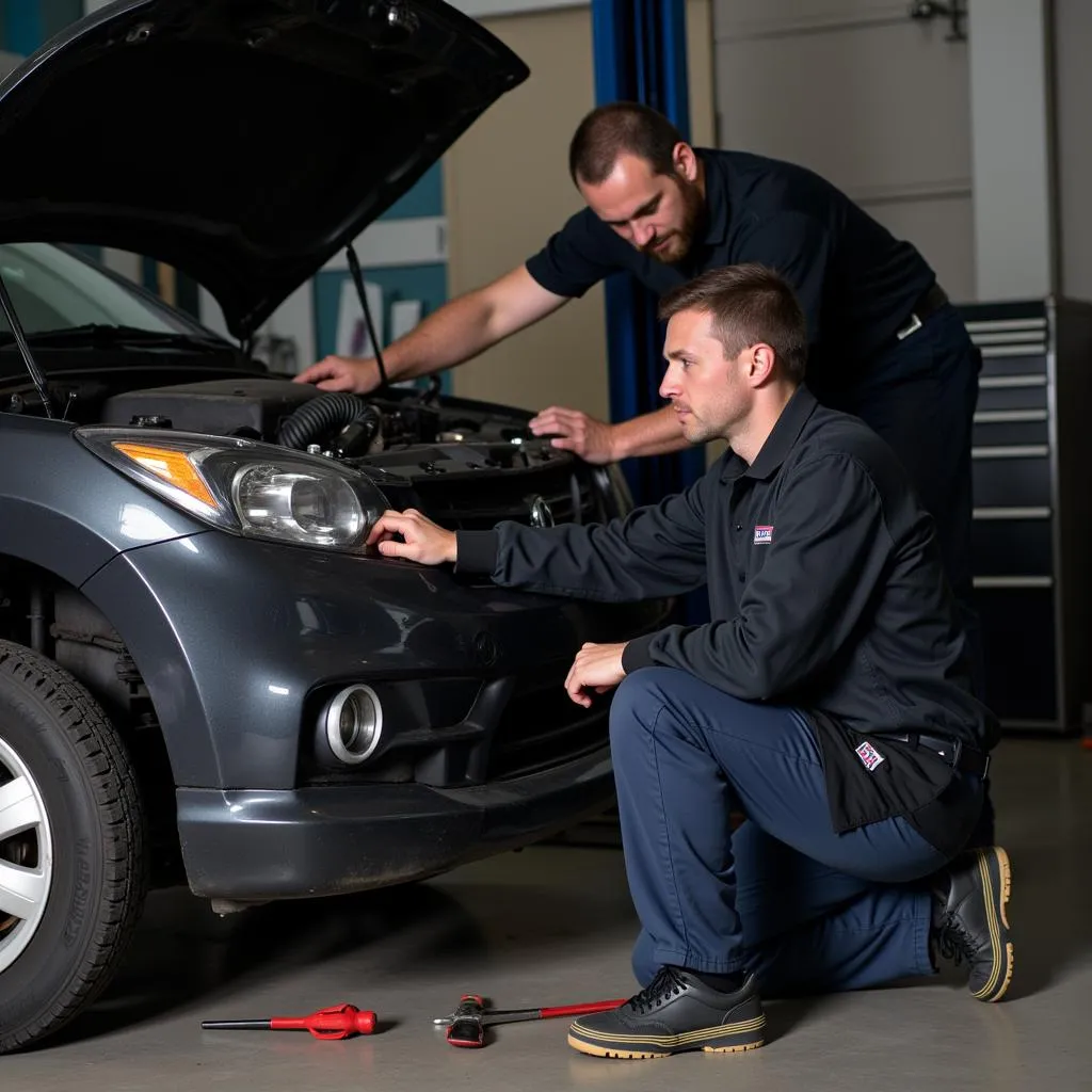 A mechanic conducting a pre-purchase inspection on a used car