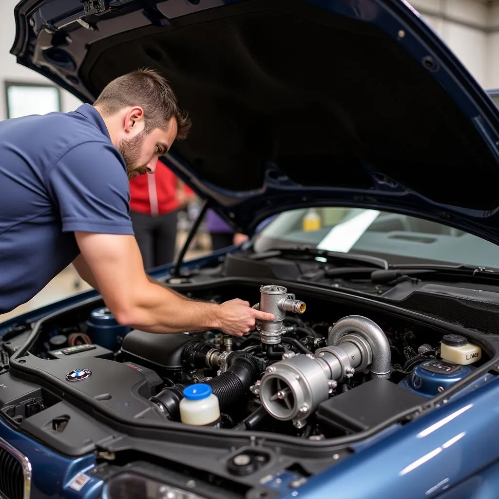 Mechanic installing a turbo kit on a BMW 325i