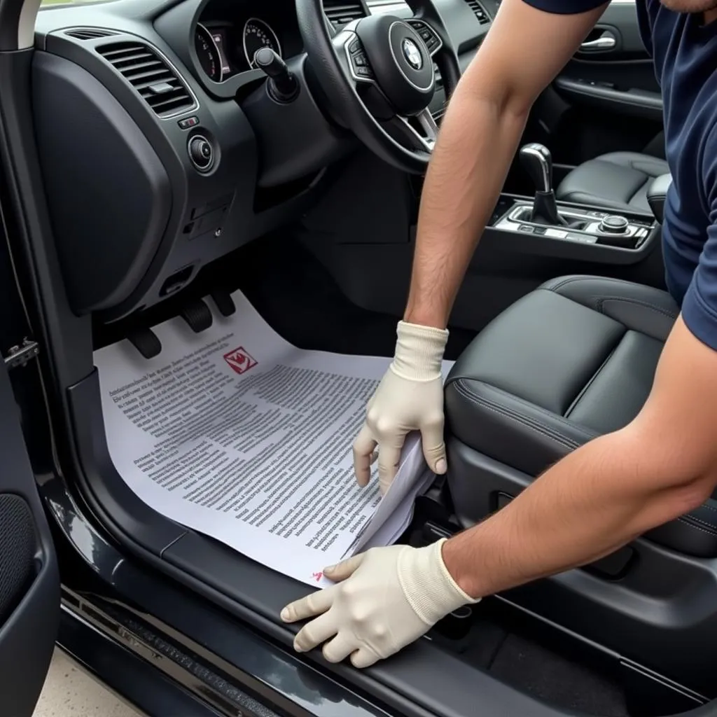 Mechanic installing car paper floor mat