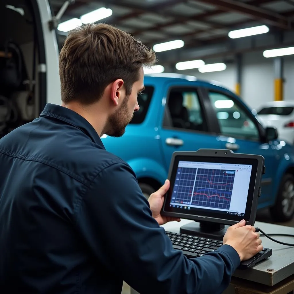 Mechanic using a dealer scanner to diagnose a car issue