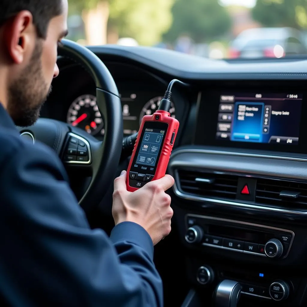 Mechanic Using Diagnostic Tool on European Car