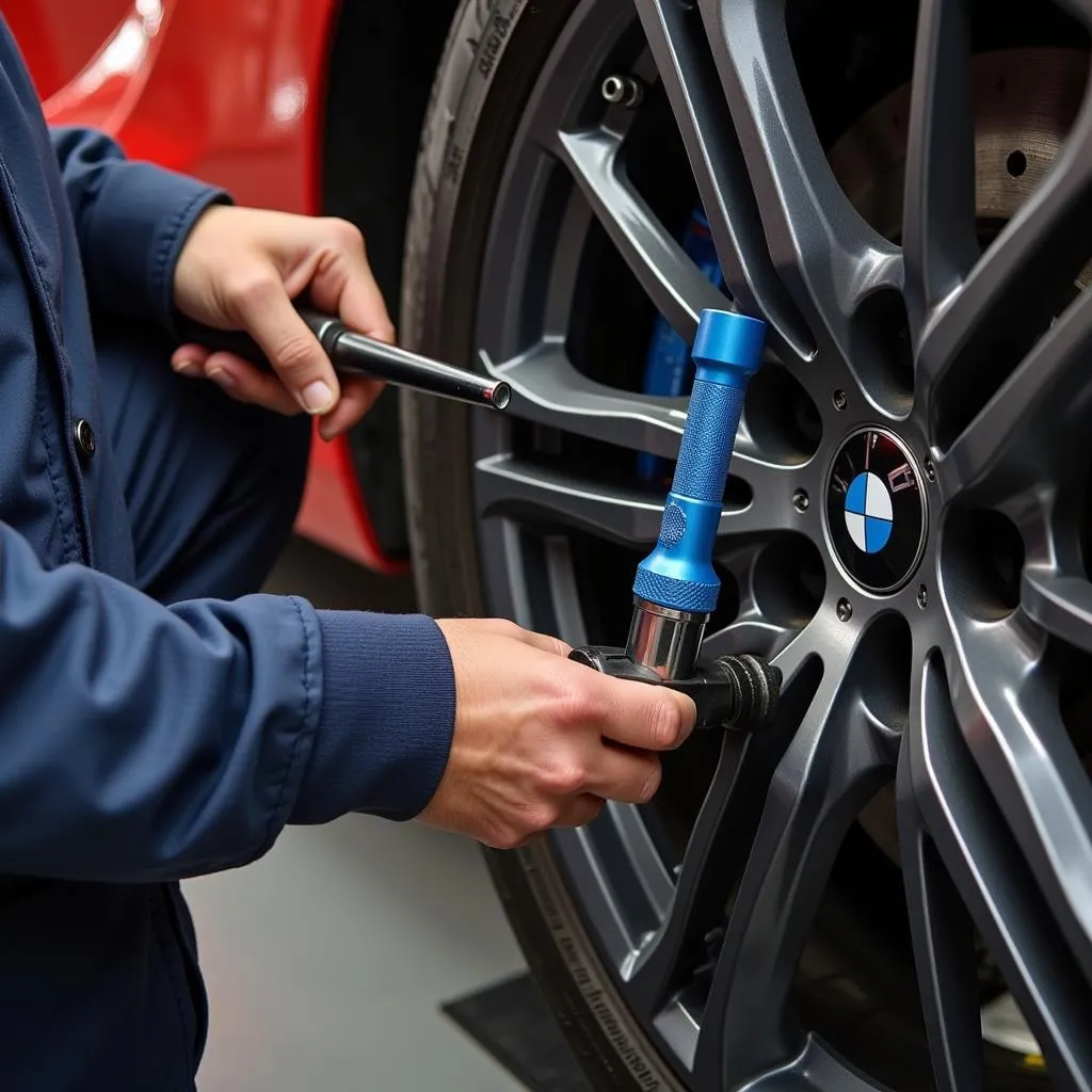 Mechanic Using Torque Wrench on BMW F30 Oil Drain Plug