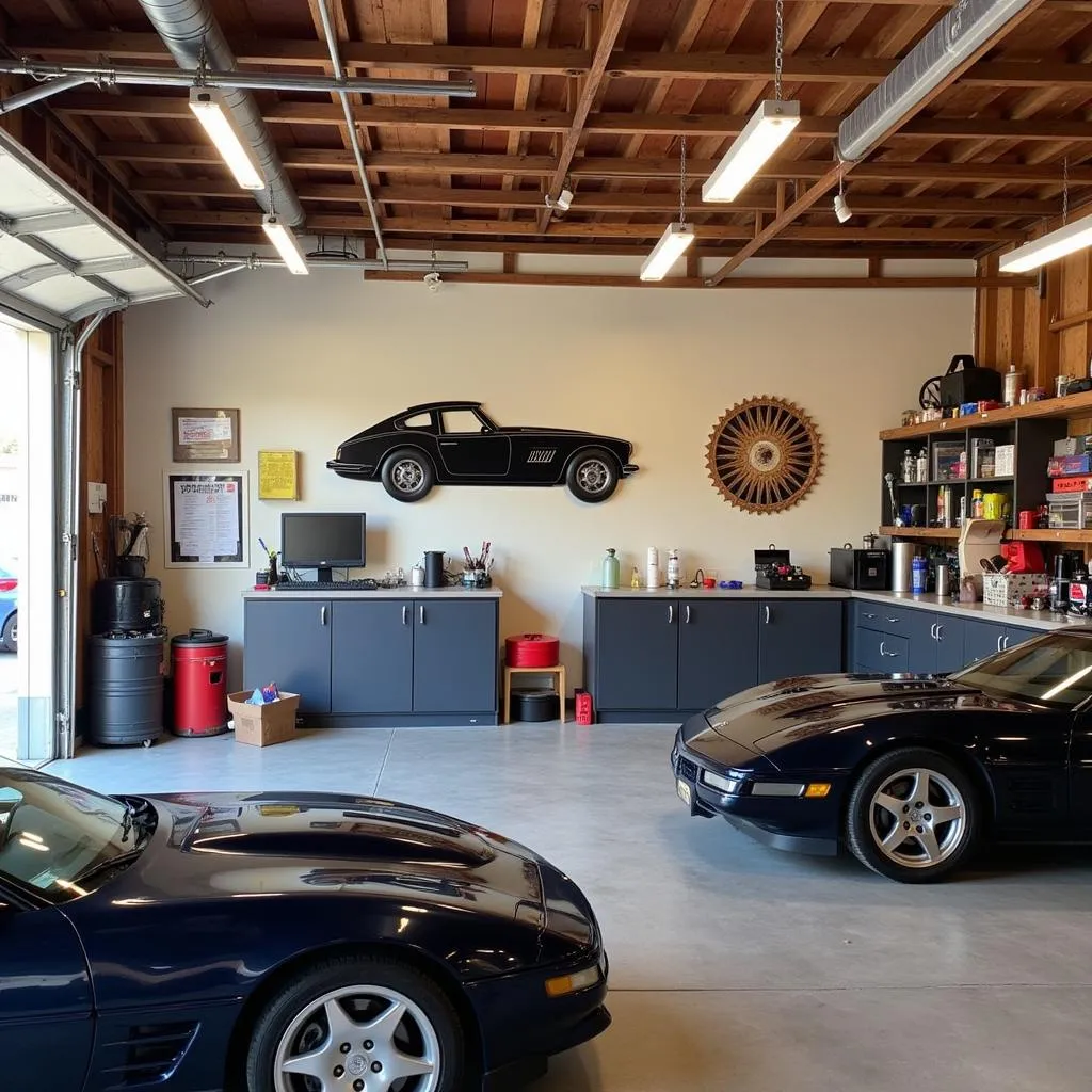 Metal car wall decor in a garage setting