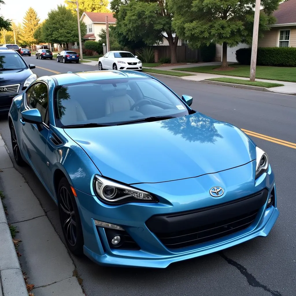 Metallic Light Blue Car Parked on Street