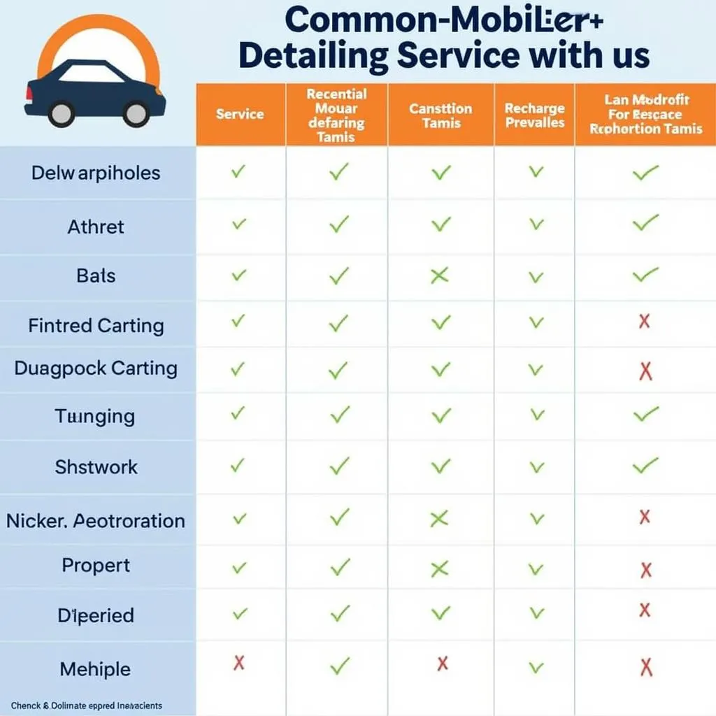 A list of mobile car detailing services with corresponding prices