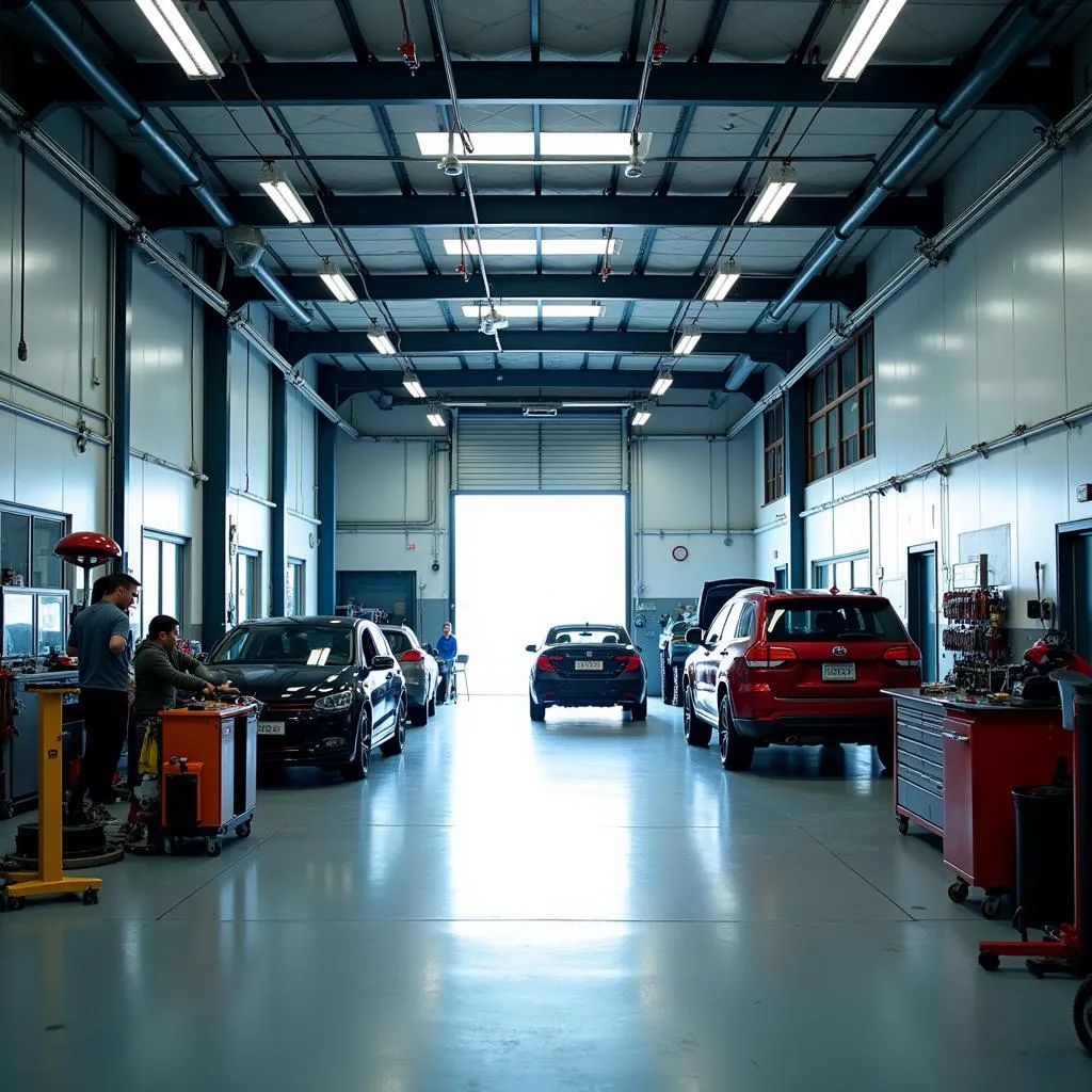 Interior of a modern car repair shop