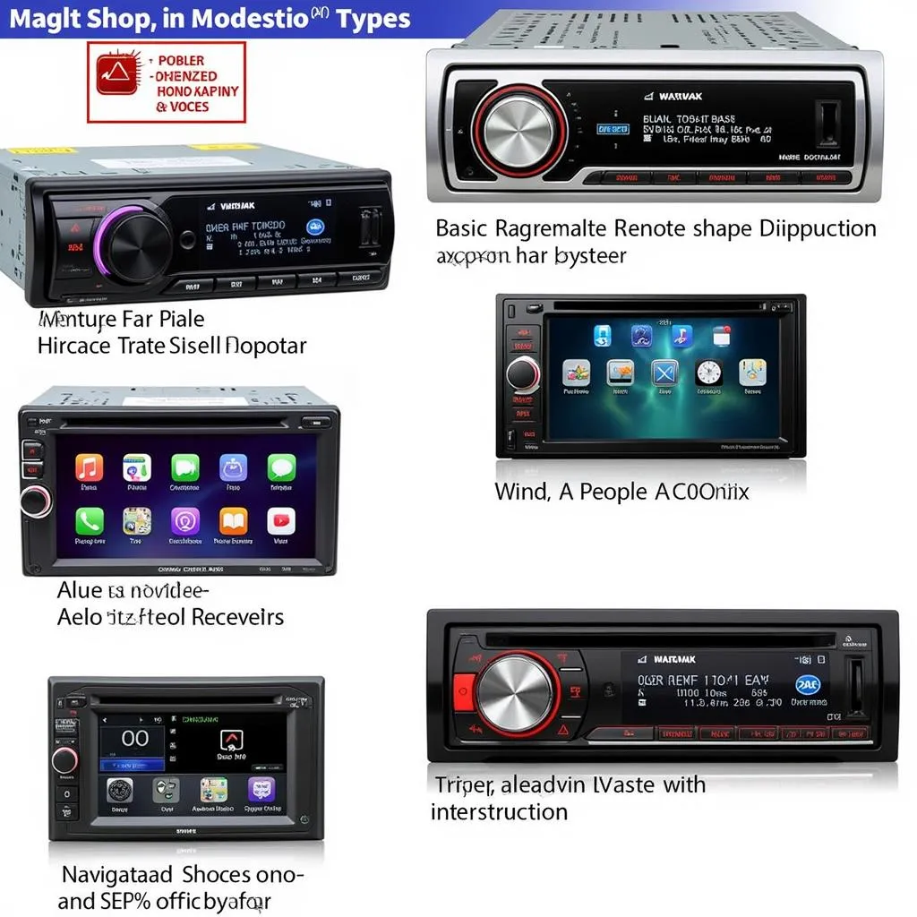 Various types of car stereos displayed in a shop