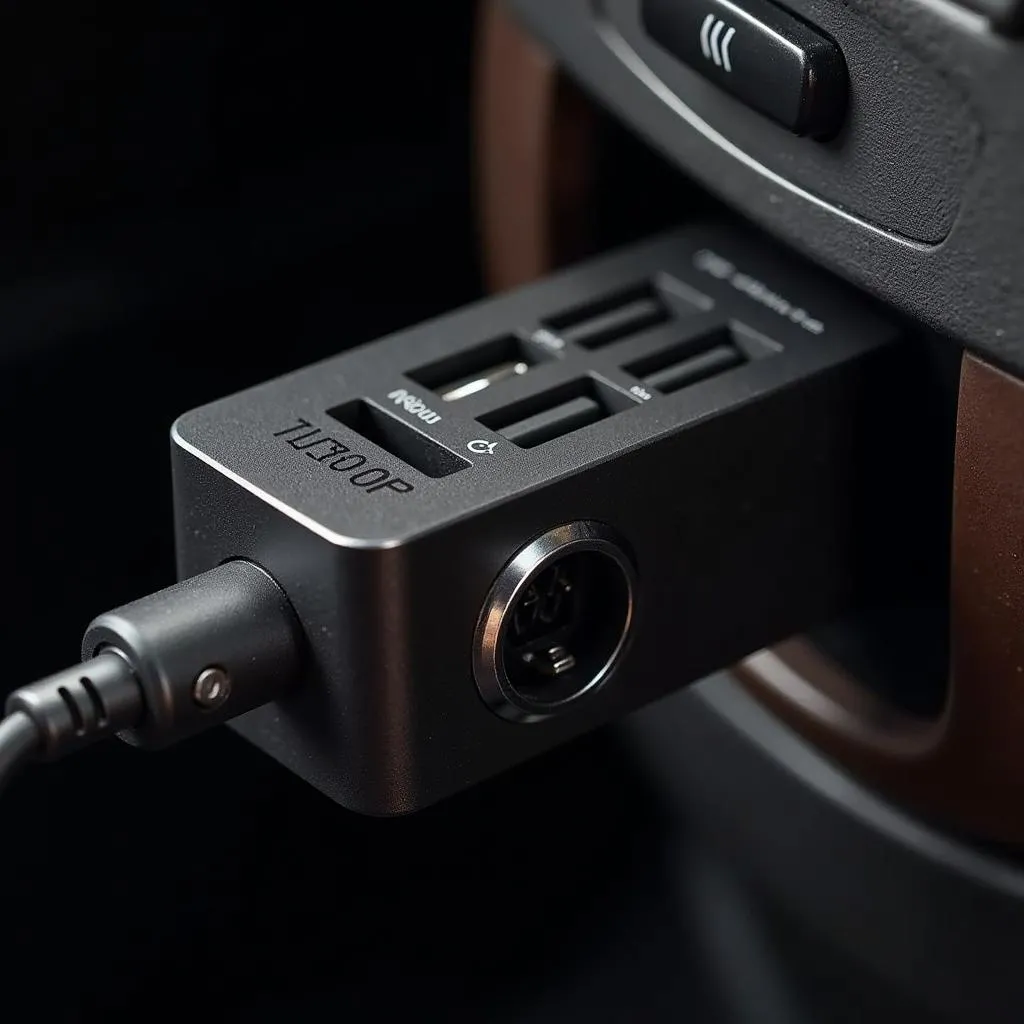 A car charger with multiple USB ports plugged into a car's power outlet.