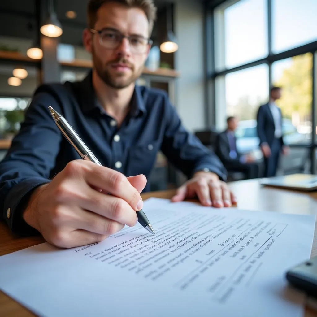 Buyer carefully examining a used car purchase agreement in New Hampshire